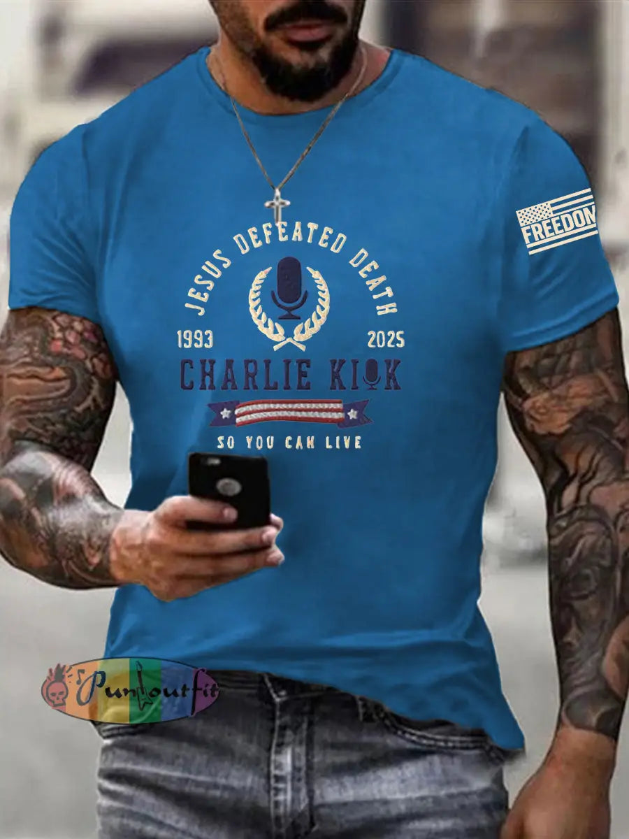 Men’s Jesus Defeated Death So You Can Live R.I.P Charlie Kirk Tee Blue / S