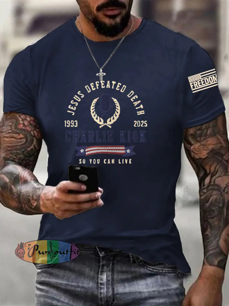 Men’s Jesus Defeated Death So You Can Live R.I.P Charlie Kirk Tee Navy Blue / S