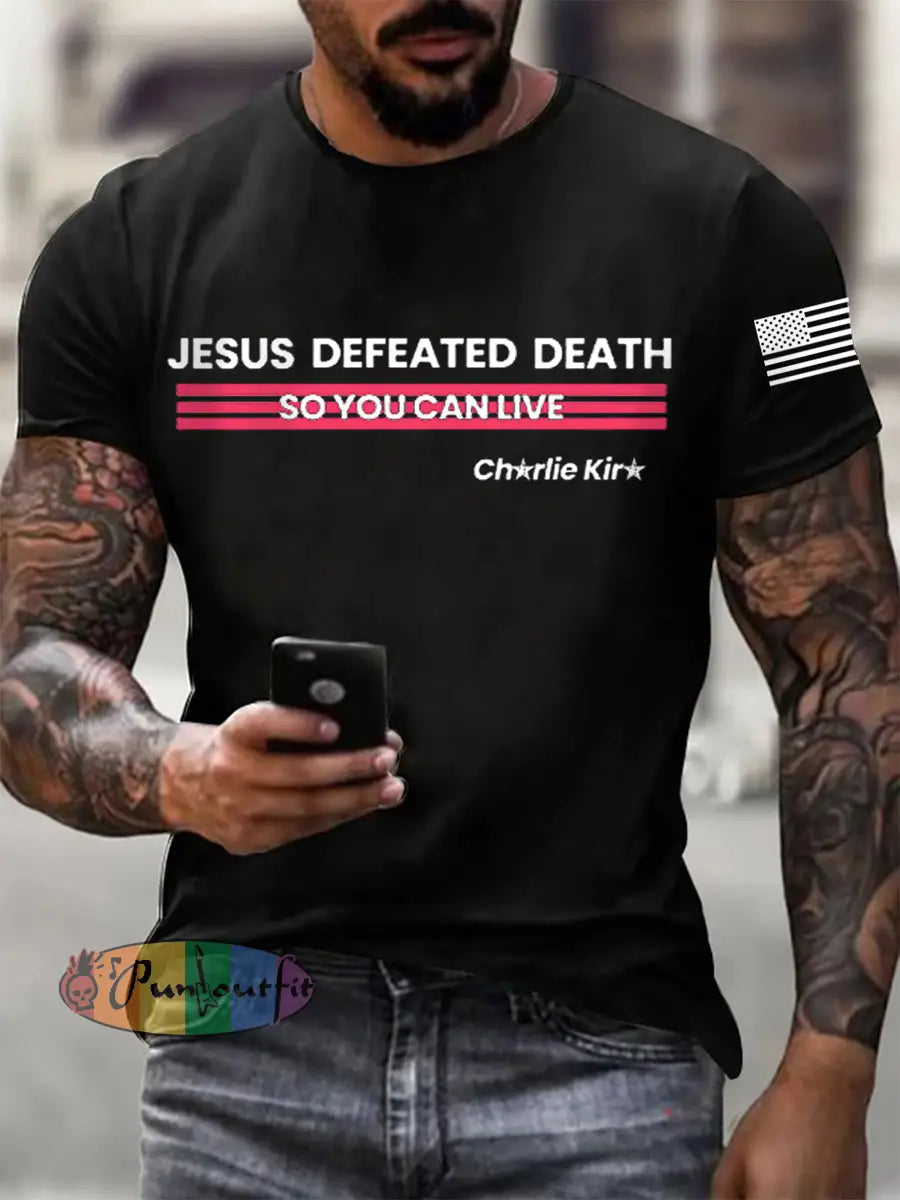 Men’s Jesus Defeated Death So You Can Live R.I.P Charlie T-shirt Black / S