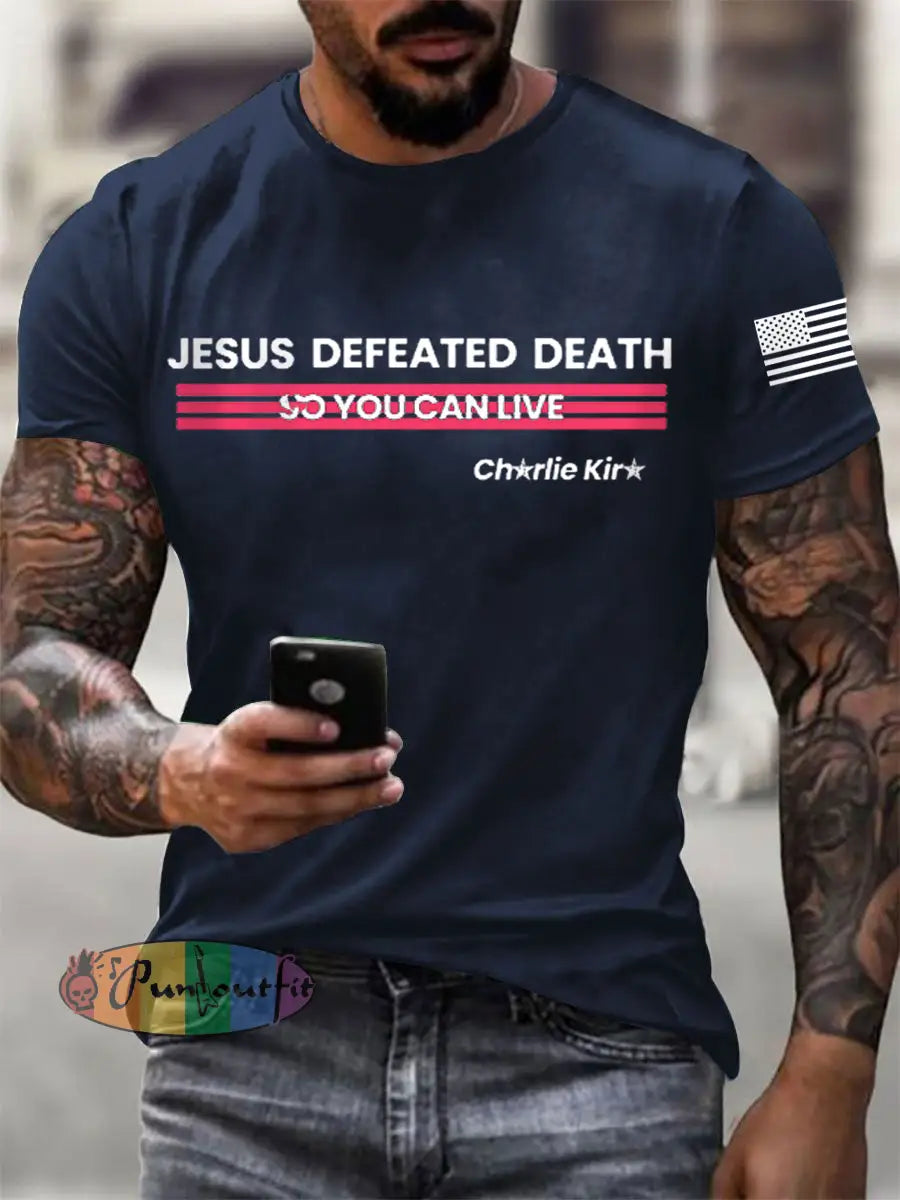Men’s Jesus Defeated Death So You Can Live R.I.P Charlie T-shirt Navy Blue / S