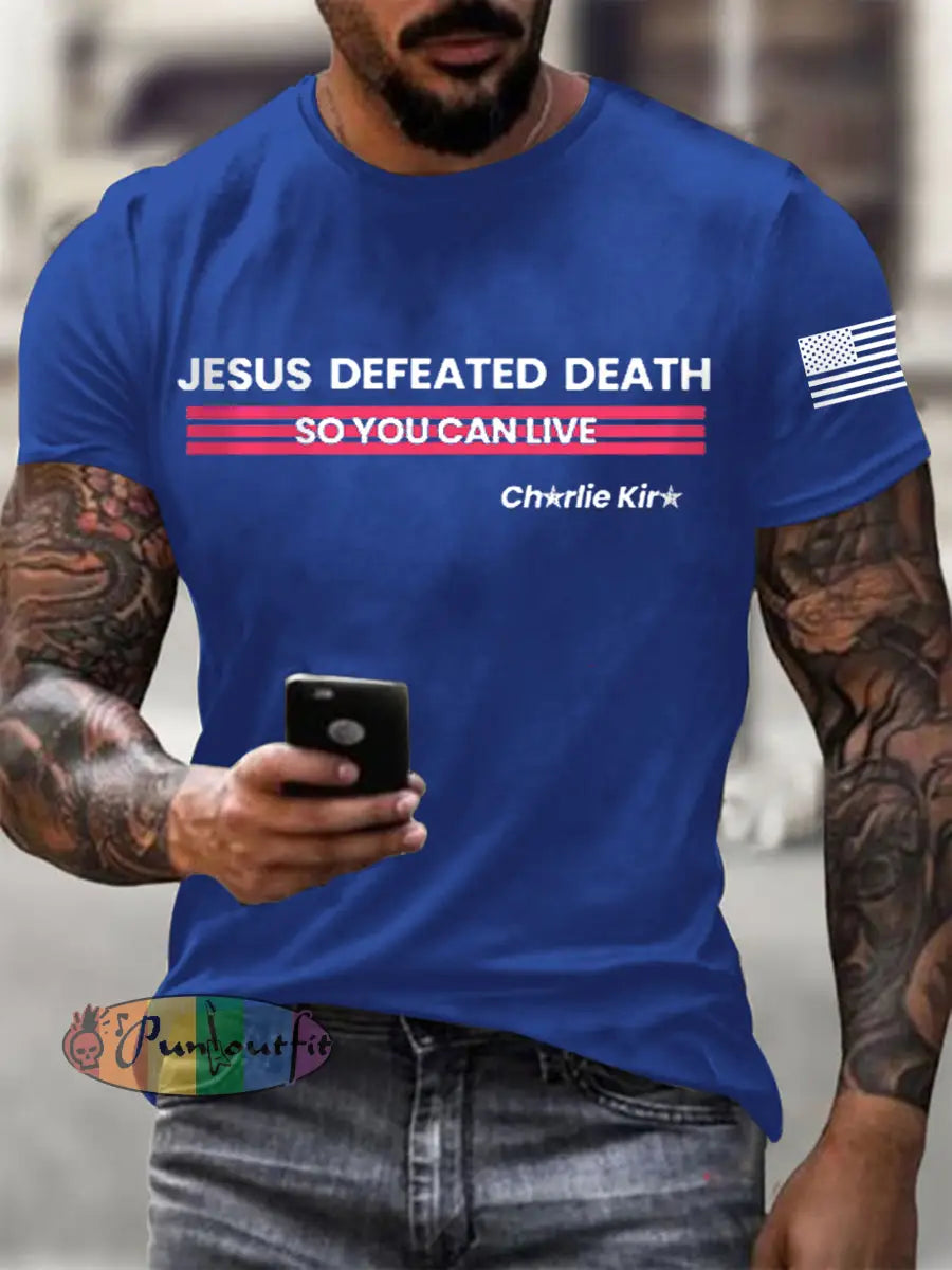Men’s Jesus Defeated Death So You Can Live R.I.P Charlie T-shirt Royal Blue / S
