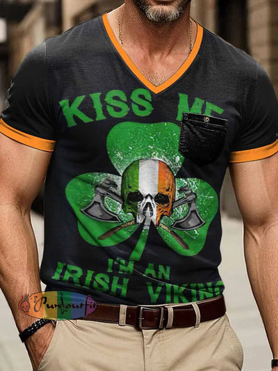 Men’s Kiss Me Ireland Skull Print Short Sleeve V-Neck T-Shirt Colorful / S