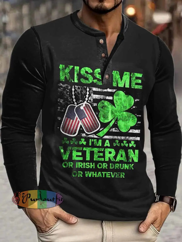 Men’s Kiss Me Veteran Print Henley Neck Long Sleeve T-Shirt Colorful / S