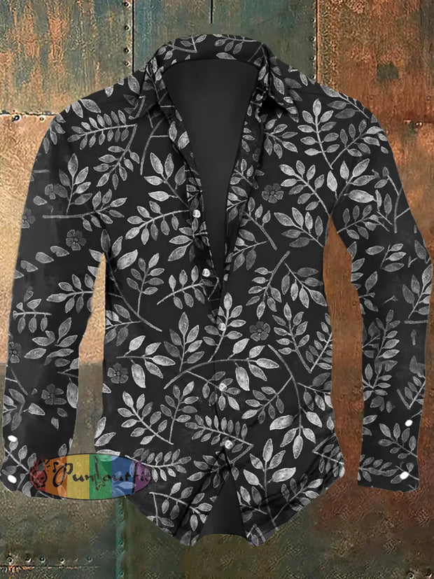 Men’s Leaf Print Casual Long Sleeve Shirt As Picture / S