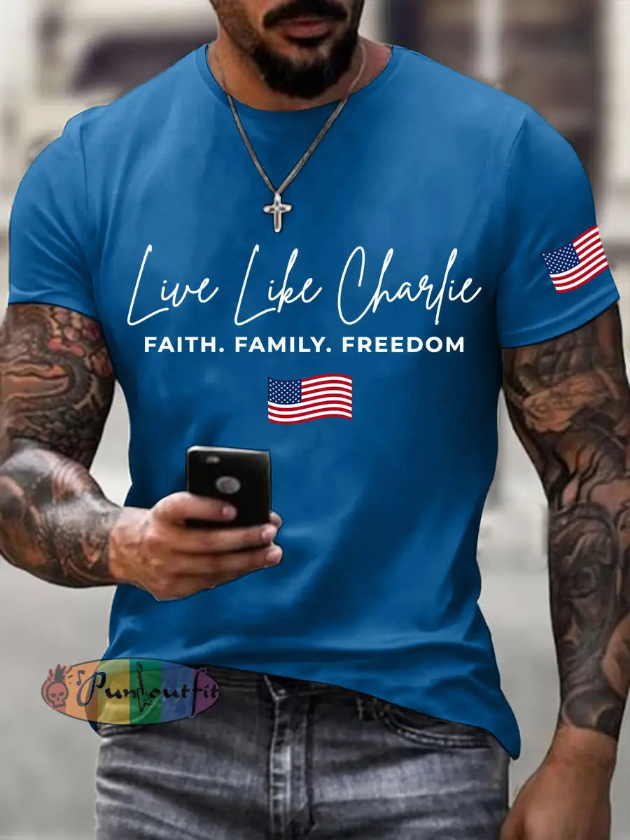 Men’s Live like Charlie Print T-Shirt Blue / S