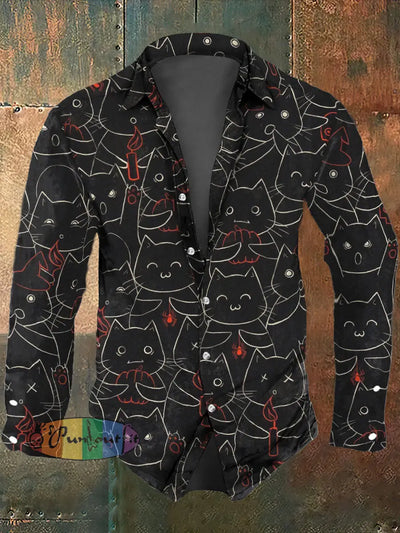 Men’s Lovely Cats Line Printing Long Sleeve Shirt Black / S