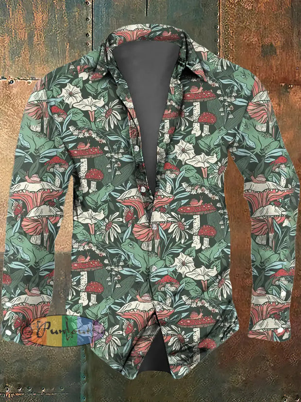 Men’s Mushroom Frog Print Casual Long Sleeve Shirt As Picture / S