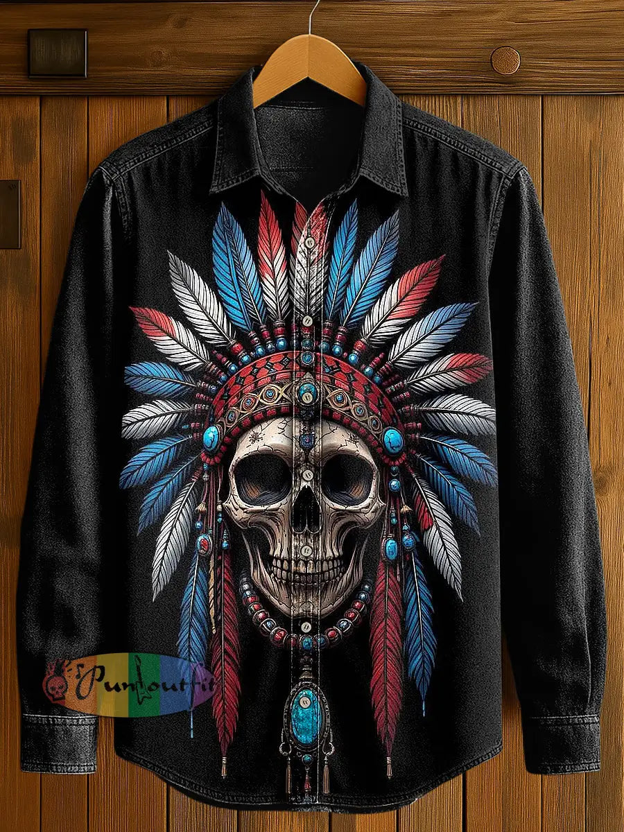 Men’s Native American Skull Print Casual Long Sleeved Shirt Black / S