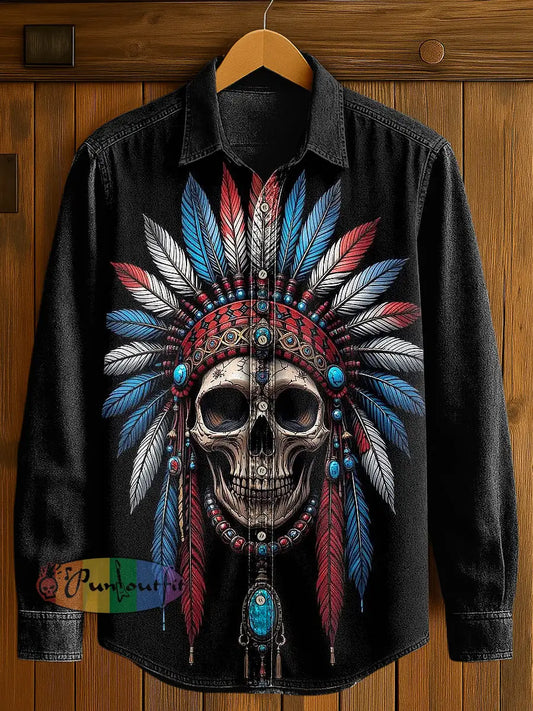 Men’s Native American Skull Print Casual Long Sleeved Shirt Black / S