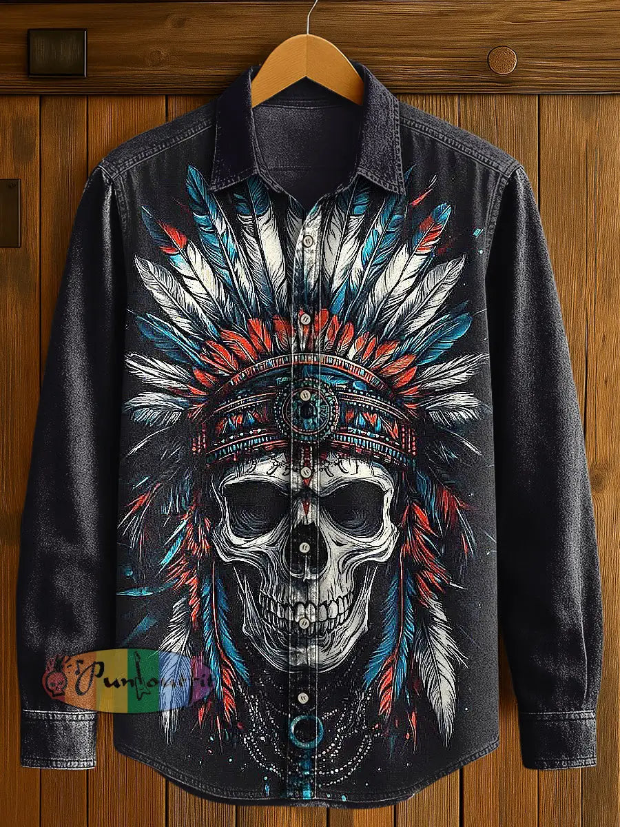 Men’s Native American Skull Print Casual Long Sleeved Shirt Black / S