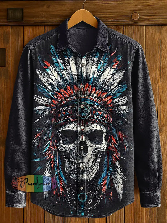 Men’s Native American Skull Print Casual Long Sleeved Shirt Black / S