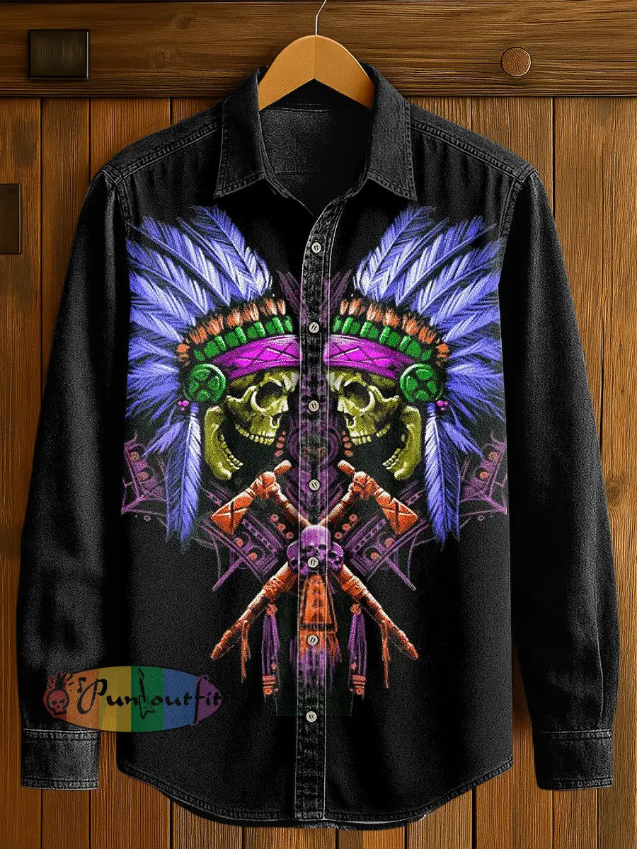 Men’s Native American Skull Print Casual Long Sleeved Shirt Black / S
