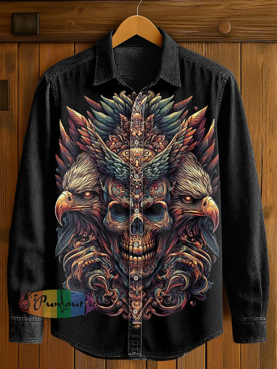 Men’s Native American Skull Print Casual Long Sleeved Shirt Black / S