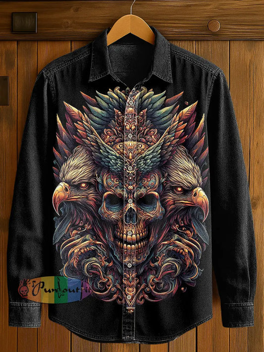 Men’s Native American Skull Print Casual Long Sleeved Shirt Black / S