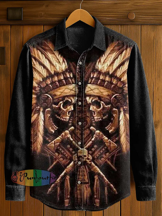 Men’s Native American Skull Print Casual Long Sleeved Shirt Black / S