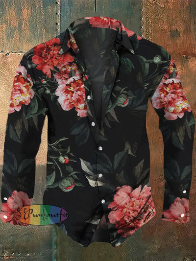 Men’s Oil Painting Style Rose Print Casual Vintage Long Sleeve Shirt Colorful / S