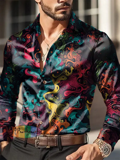 Men’s Outdoor Retro Dark Colourful Waves Royal Casual Cotton Satin Fabrics Long Sleeve Shirt As picture / S