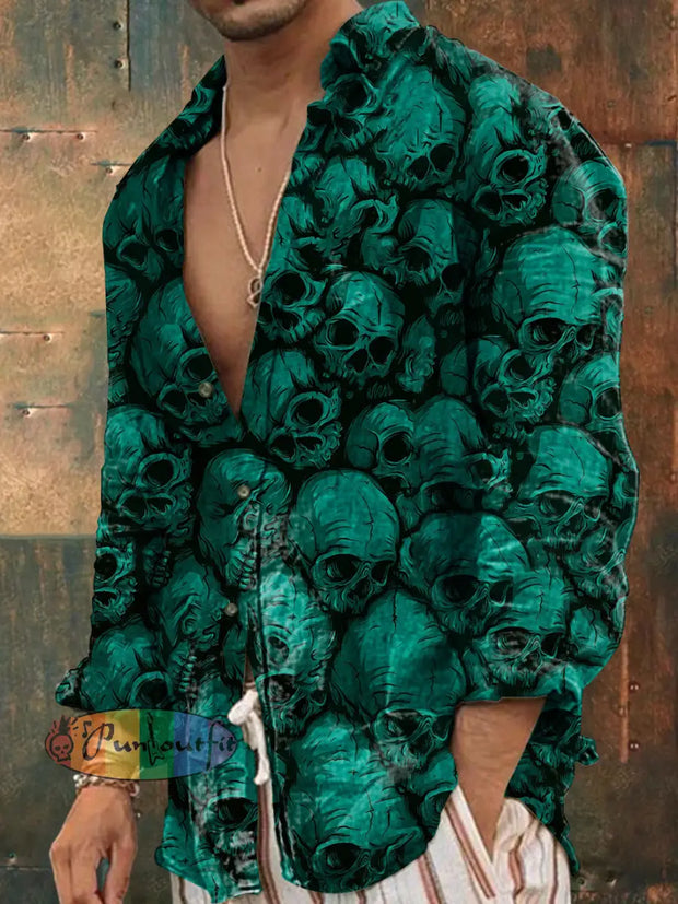 Men’s Outdoor Retro Punk Dark Colorful 3D Skulls Pattern Casual Cotton Long Sleeve Shirt Green / S