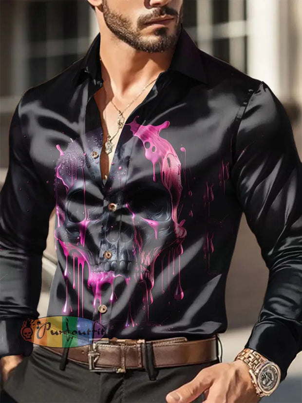 Men’s Outdoor Retro Punk Dark Skull Graffiti 3D Royal Casual Cotton Satin Fabrics Long Sleeve