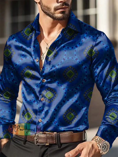 Men’s Outdoor Vintage Blue and Green Geometry Royal Casual Cotton Satin Fabrics Long Sleeve Shirt Navy Blue / S