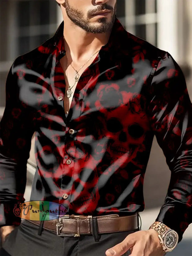 Men’s Outdoor Vintage Dark Punk Skull Rose Royal Casual Cotton Satin Fabrics Long Sleeve Shirt Black / S