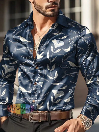 Men’s Outdoor Vintage Gothic Flower Birds Royal Casual Cotton Satin Fabrics Long Sleeve Shirt