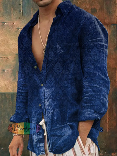 Men’s Outdoor Vintage Gothic Gradient Floral Pattern Casual Cotton Long Sleeve Shirt Blue / S