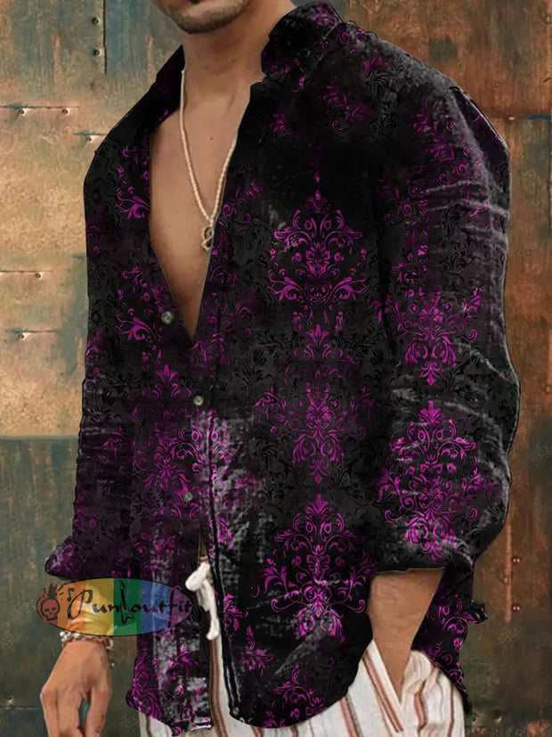 Men’s Outdoor Vintage Gothic Purple Floral Pattern Casual Cotton Long Sleeve Shirt / S