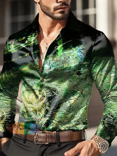 Men’s Outdoor Vintage Gradient Green Aqua Royal Casual Cotton Satin Fabrics Long Sleeve Shirt Green / S