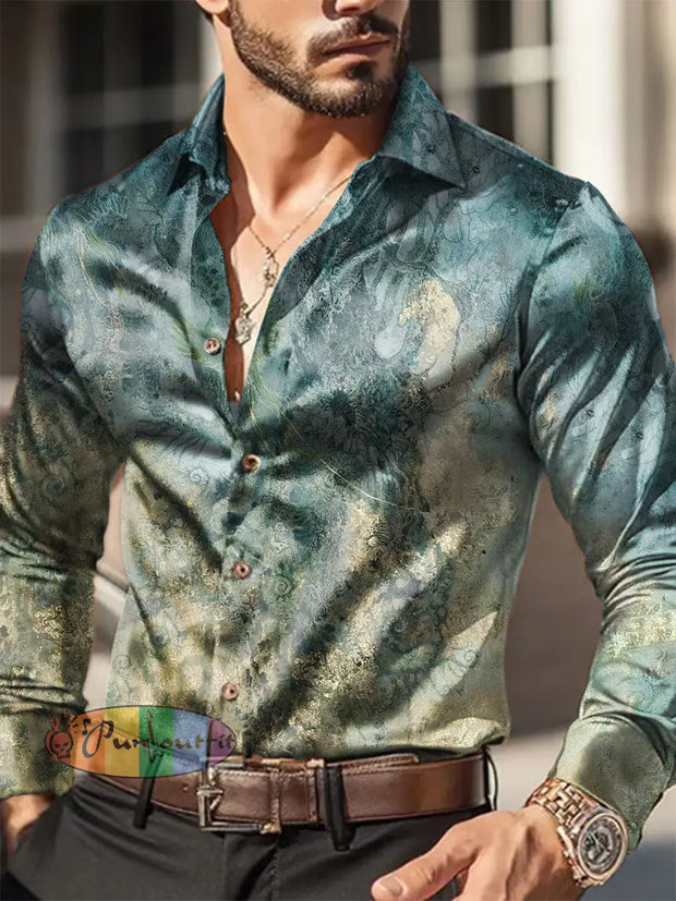 Men’s Outdoor Vintage Gradient Green Art Royal Casual Cotton Satin Fabrics Long Sleeve Shirt Green / S