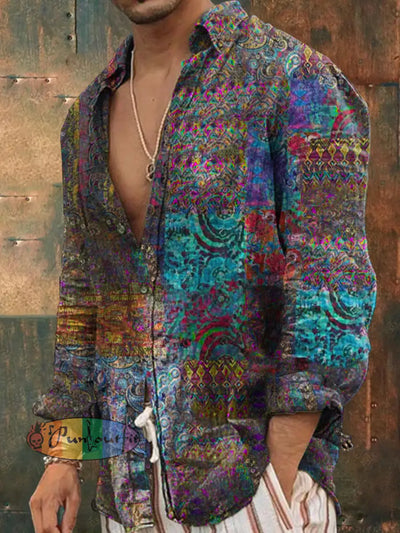 Men’s Outdoor Vintage Hippie Colorful Geometric Color Blocks Pattern Casual Cotton Long Sleeve