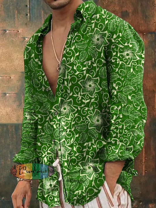 Men’s Outdoor Vintage Hippie Gothic Flower Print Pattern Casual Cotton Long Sleeve Shirt Green / S