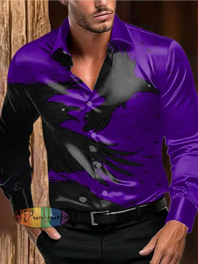 Men’s Outdoor Vintage Punk Dark Eagle Scream Royal Casual Cotton Satin Fabrics Long Sleeve Shirt