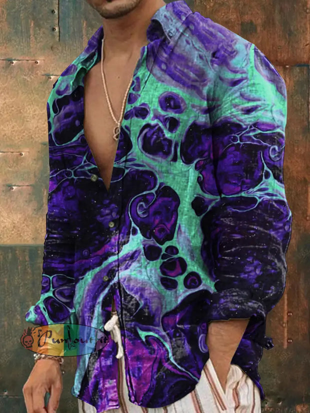 Men’s Outdoor Vintage Punk Dark Gradient Colorful Ripple Pattern Casual Cotton Long Sleeve Shirt
