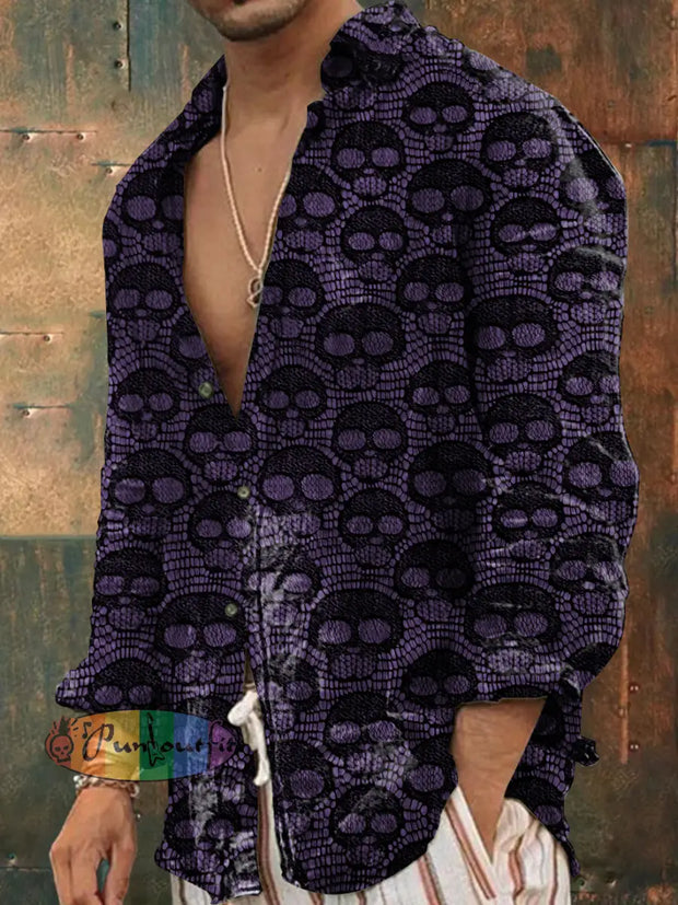 Men’s Outdoor Vintage Punk Dark Hippie Skulls Pattern Casual Cotton Long Sleeve Shirt Purple / S