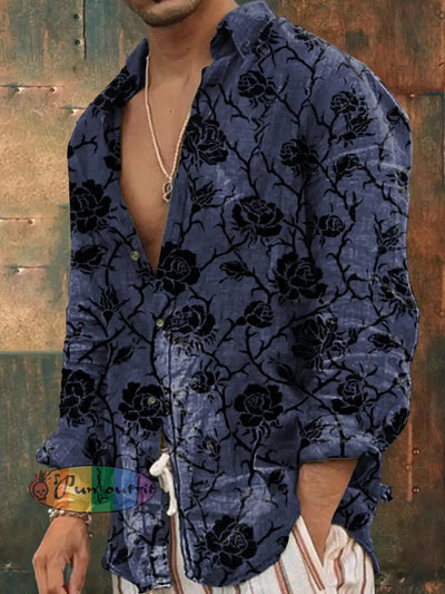 Men’s Outdoor Vintage Punk Dark Rose Floral Pattern Casual Cotton Long Sleeve Shirt As Picture / S