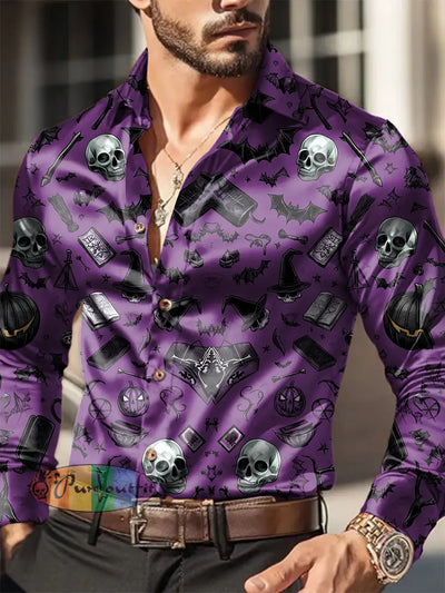 Men’s Outdoor Vintage Punk Dark Skull Bat Abstract Royal Casual Cotton Satin Fabrics Long Sleeve