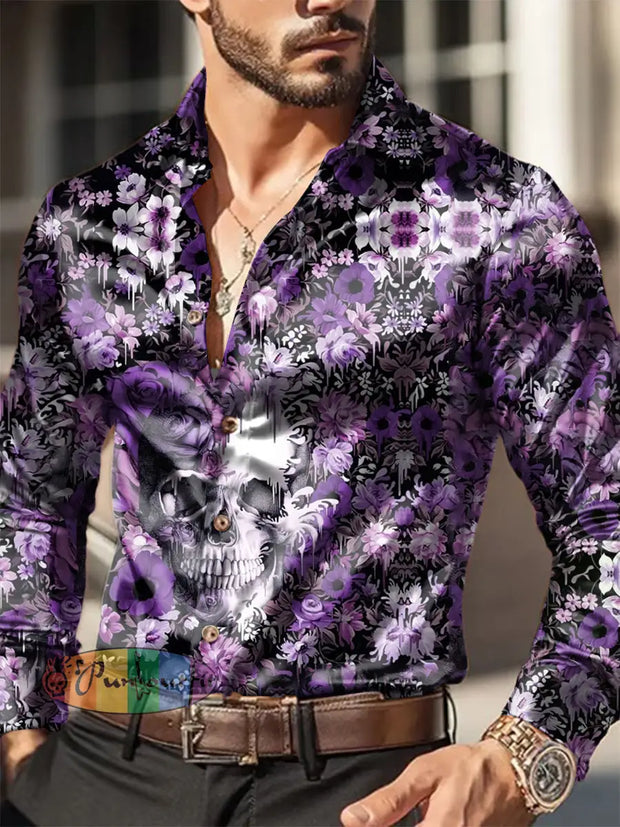 Men’s Outdoor Vintage Punk Dark Skull Flower Royal Casual Cotton Satin Fabrics Long Sleeve Shirt