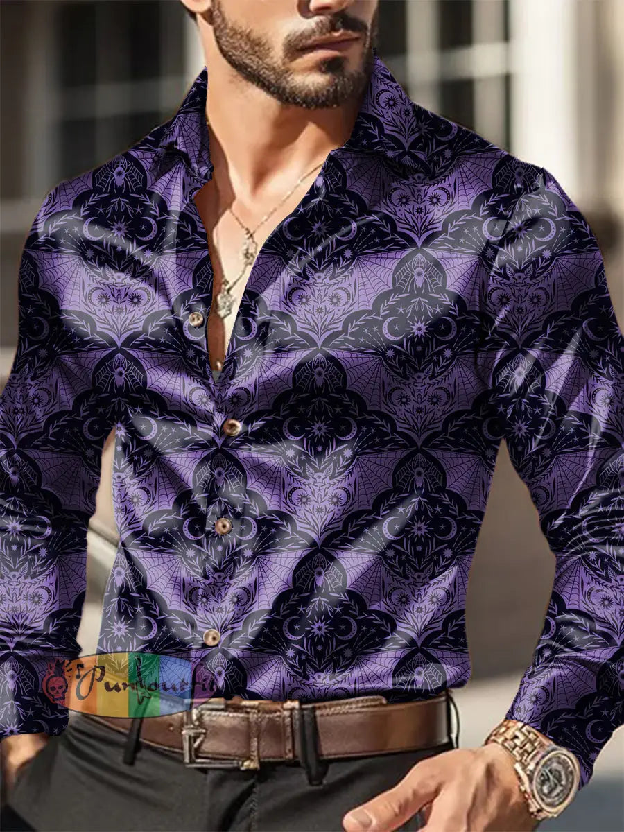 Men’s Outdoor Vintage Punk Gothic Bat Patterns Royal Casual Cotton Satin Fabrics Long Sleeve