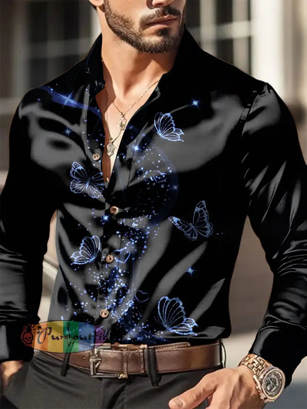 Men’s Outdoor Vintage Punk Gothic Butterfly Royal Casual Cotton Satin Fabrics Long Sleeve Shirt