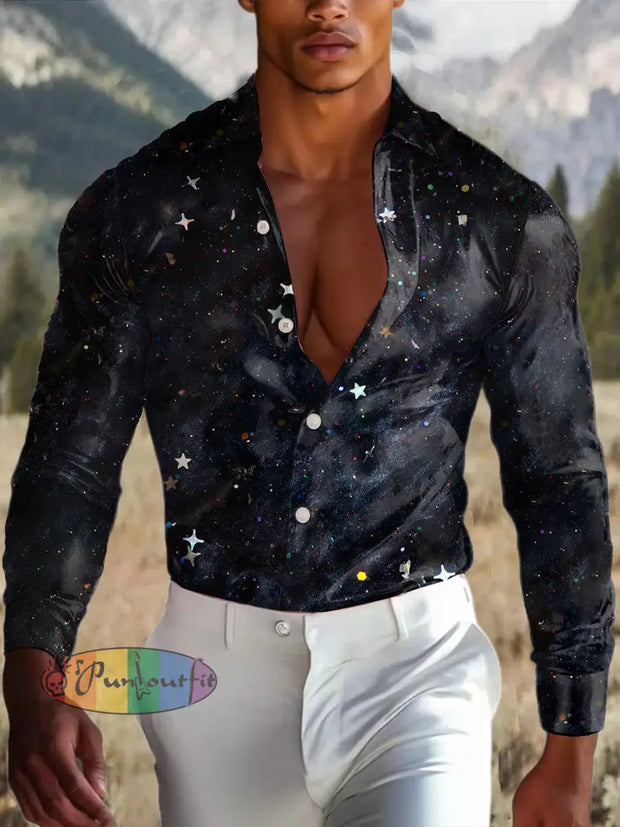 Men’s Outdoor Vintage Punk Gothic Gradient Sequins Royal Casual Cotton Satin Fabrics Long Sleeve