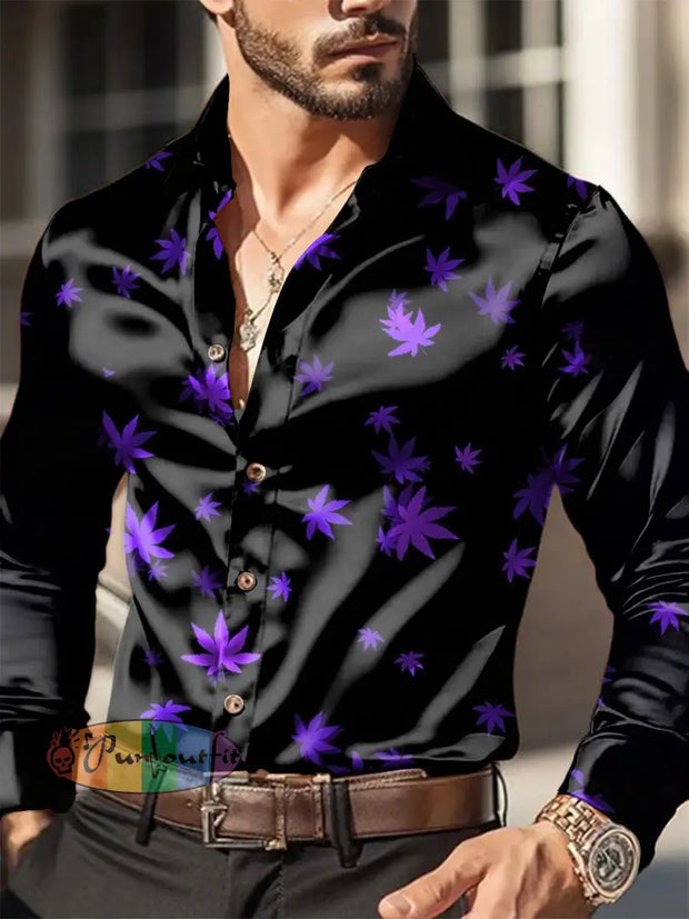 Men’s Outdoor Vintage Punk Gothic Purple Drop Leaf Royal Casual Cotton Satin Fabrics Long Sleeve