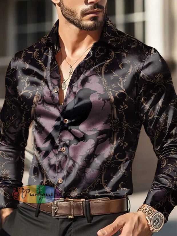 Men’s Outdoor Vintage Punk Gothic Raven Floral Royal Casual Cotton Satin Fabrics Long Sleeve