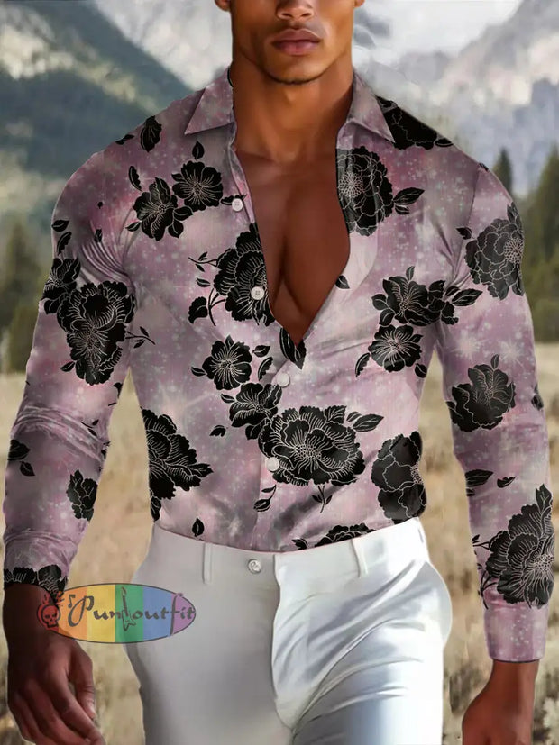 Men’s Outdoor Vintage Punk Gothic Rose Gradient Royal Casual Cotton Satin Fabrics Long Sleeve