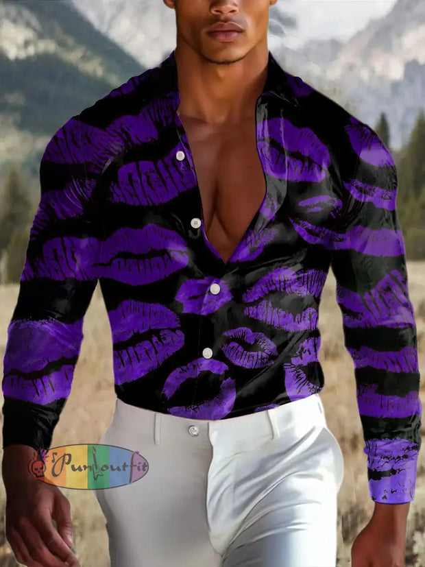 Men’s Outdoor Vintage Punk Gothic Sexy Lips Royal Casual Cotton Satin Fabrics Long Sleeve Shirt