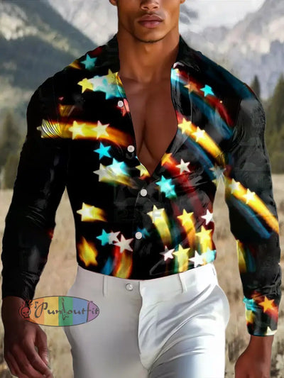 Men’s Outdoor Vintage Punk Stars Colorful Party Royal Casual Cotton Satin Fabrics Long Sleeve