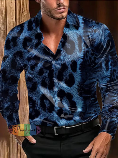 Men’s Outdoor Vintage Western Blue Leopard Abstract Royal Casual Cotton Satin Fabrics Long Sleeve