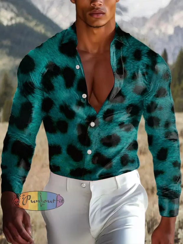 Men’s Outdoor Vintage Western Ethnic Blue Leopard Print Royal Casual Cotton Satin Fabrics Long