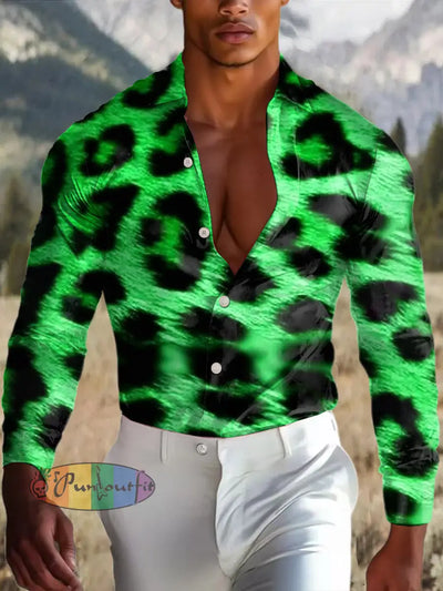 Men’s Outdoor Vintage Western Ethnic Green Leopard Royal Casual Cotton Satin Fabrics Long Sleeve