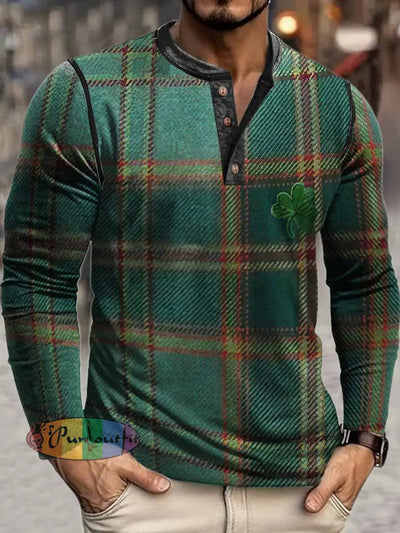 Men’s Patrick Block Print Henley Neck Long Sleeve T-Shirt Green / S